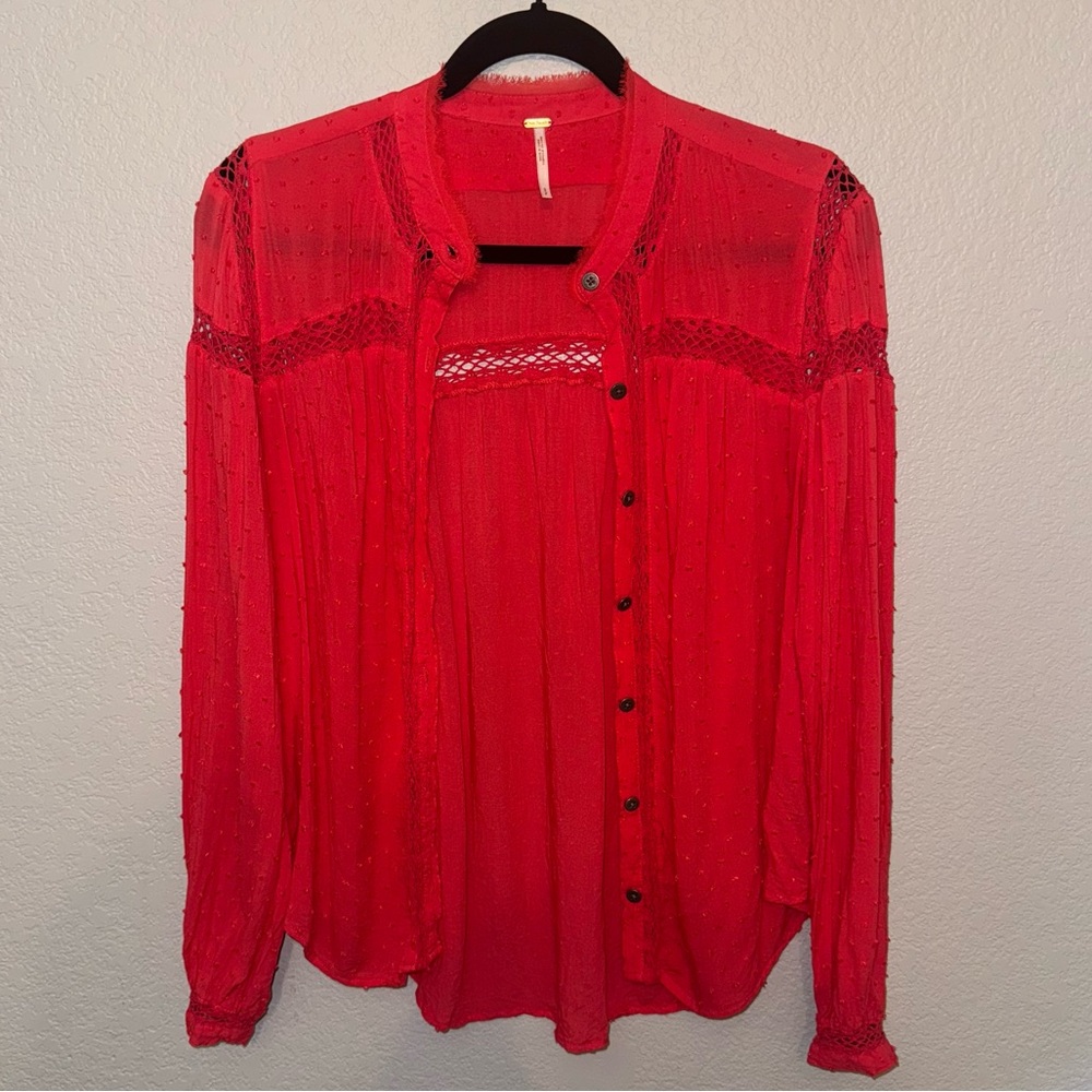 Free People Red Lace Detail Blouse Size Small
